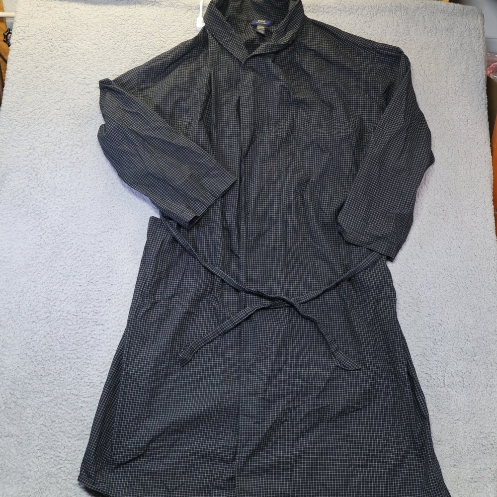 Polo Ralph Lauren‎ Mens Robe Navy Blue White Grid Check Cotton L/XL Sleepwear
